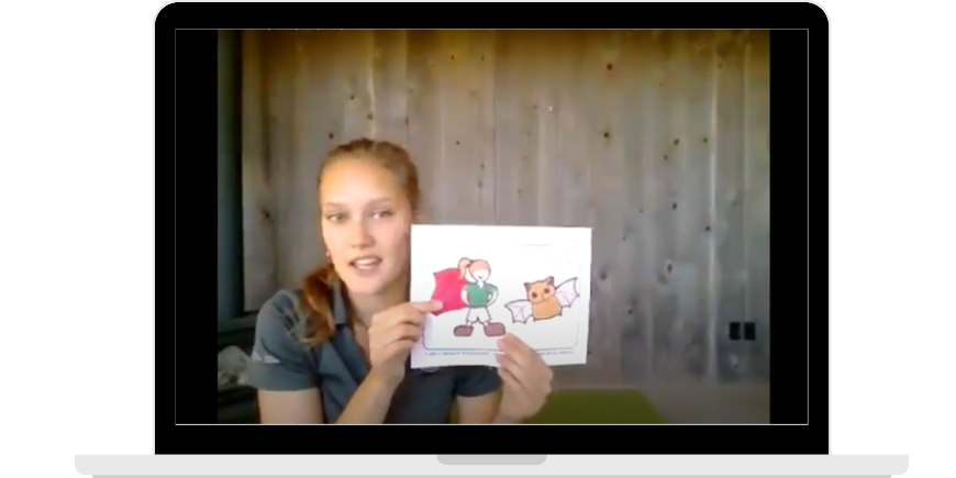 Lampa showing a take-home activity (colouring sheet) to participants at the end of a virtual program.