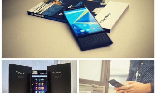 Three images combined in a collage. Top image shows a blackberry with its screen illuminated and propped up against a book titled "Blackberry Customer Success". Bottom left image shows a Blackberry propped up with its screen displaying in-built apps. The device is flanked on both sides with black cards that say "Blackberry Privilege Project". Bottom right image shows a pair of hands holding and using the blackberry. In the left corner of this image there is a white board that says "Hi I am Nathan".
