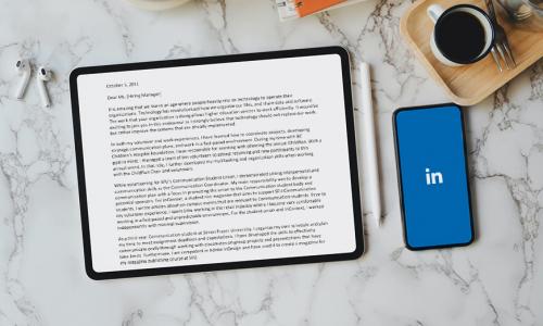 a tablet and a phone screen displaying cover letter and linkedin
