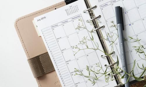 a planner with some wild flowers layout on top