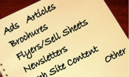 Piece of paper reading: Ads, Articles, Brochures, Flyers/Sell Sheets, Newsletters, website content, other