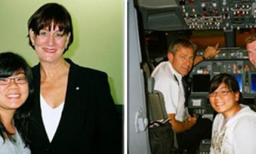 Left Image: Robin with ex-Sony Music President, Right Image: Robin with two pilots in the cockpit 