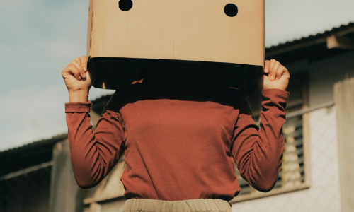 A woman standing with a cardboard box on her head