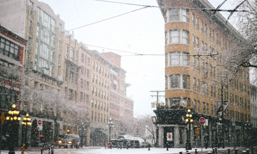 A picture of Vancouver's Gastown while snowing. 