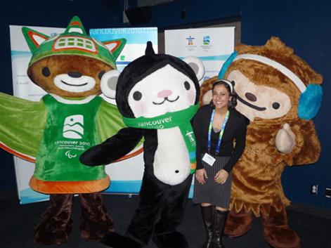 Tina with 2010 olympic mascots; Sumi, Miga, then Quatchi