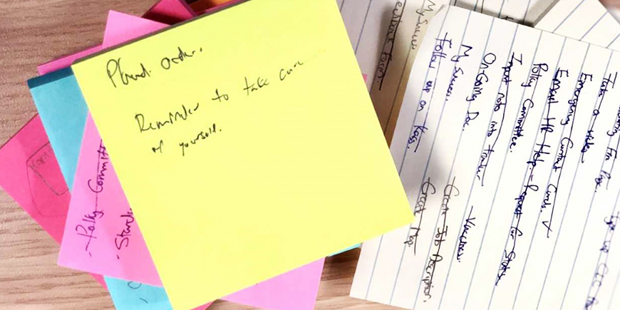 Gloria's sticky notes that she uses to jot notes down
