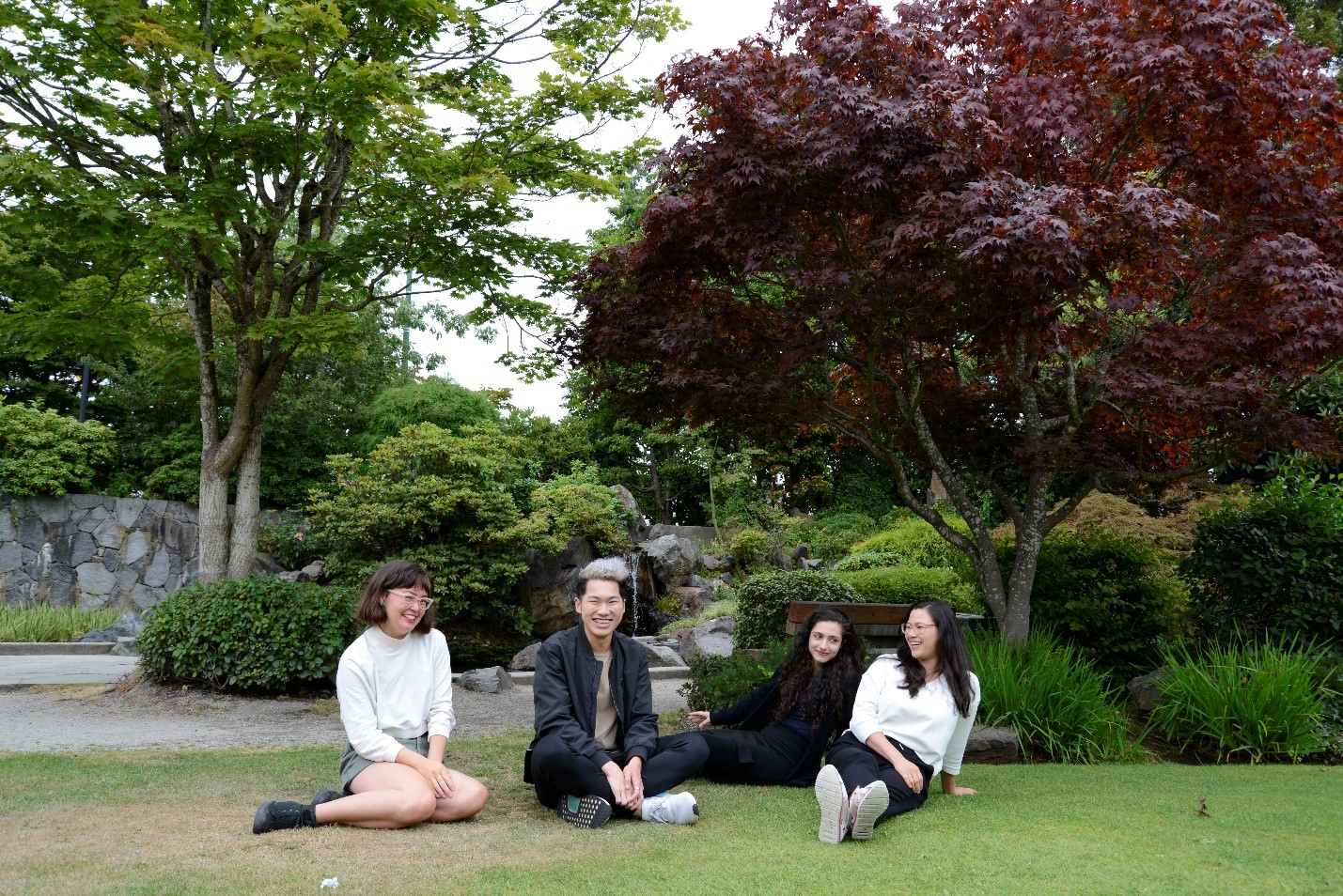 Reiko Pleau, Aaron Tong, Rita, and Lisa Uyeda in the Japanese gardens of the Nikkei National Museum & Cultural Centre