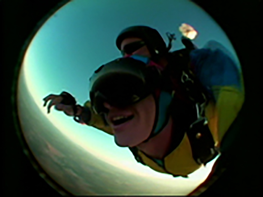 Stroman testing out the Transcend goggles while sky diving