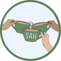 The South Asian Healing Network logo, with three hands holding three mugs. 