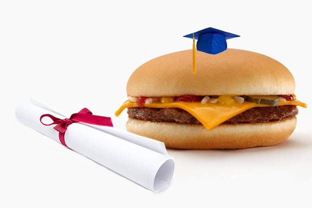 A photoshopped image depicting a McDonald’s cheeseburger, freshly graduating with its Master’s degree.
