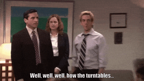 gif of 3 people in an office, one man crosses his arms, text on screen reads "wow, wow, wow, how the turntables"