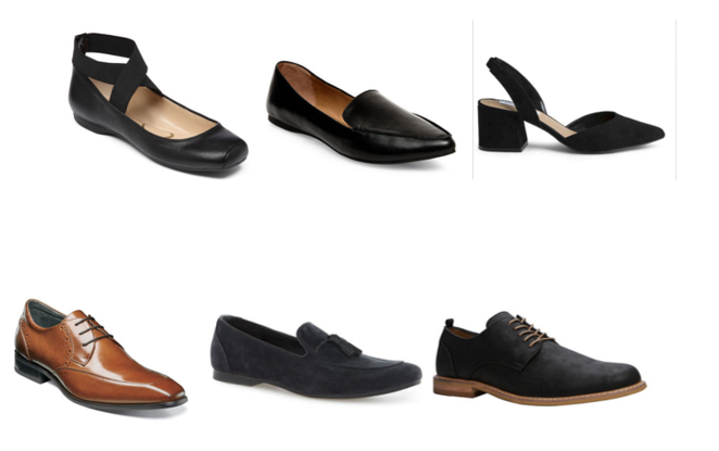 From left to right, top to bottom: Leather flats with ankle support, regular flats, chunky heels with a two inch heel, Brown leather mens shoe, black suede men's shoe, black and brown men's shoe