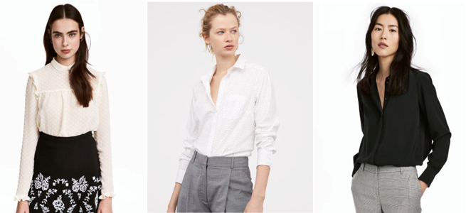 Image separated into 3 boxes; three women wearing different types of button-down shirts