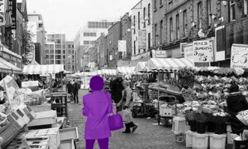 Person highlighted in purple indicating they are standing out in the fair