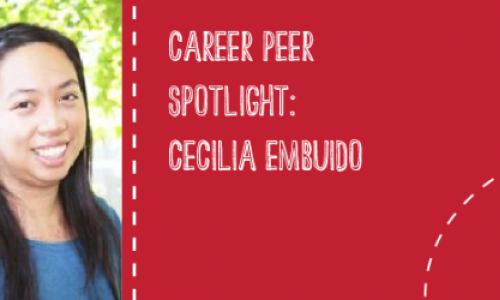 Cecilia smiles next to a graphic that reads, "Career Peer Spotlight: Cecilia Embuido".