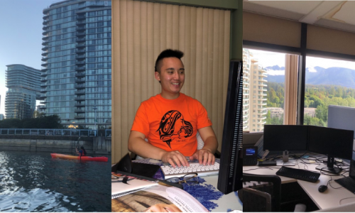 A collage of three pictures - one of a kayaker on the water on the right, a portrait of Justin in the middle, and a desk overlooking a mountain on the right. 