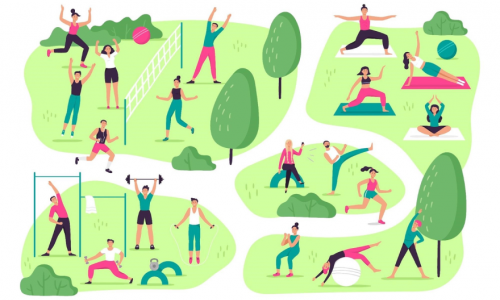 An illustration depicting many people exercising in a park.