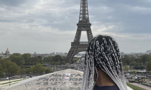 Person facing away from the camera facing the Eiffel tower 