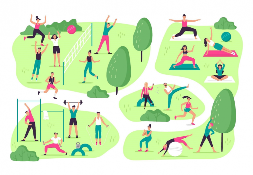 An illustration depicting many people exercising in a park.