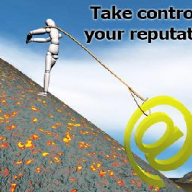 animated man being pulled down a hill an @ sign, underneath the words "take control of your reputation"