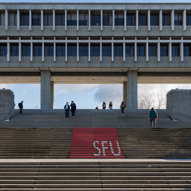 The front steps of the Academic Quadrangle at SFU.