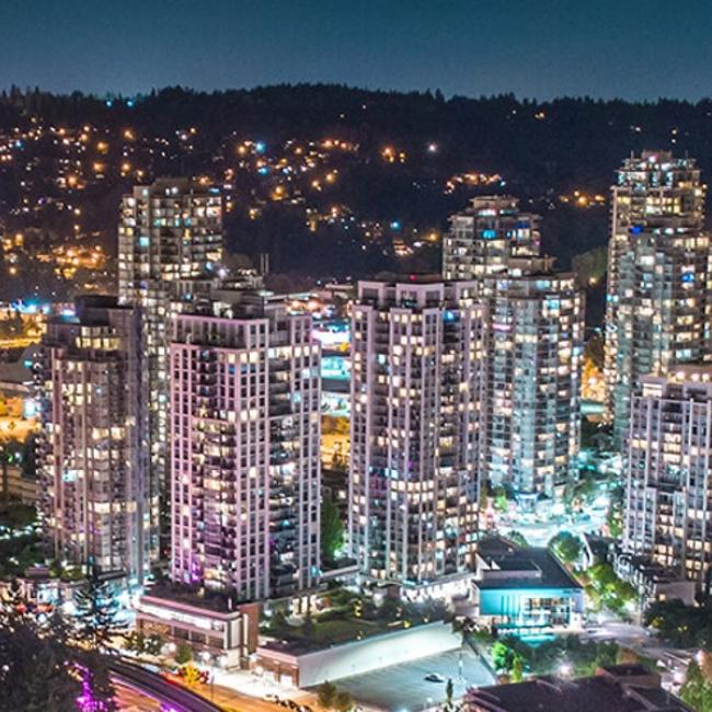 An overview of the city of Coquitlam at nighttime