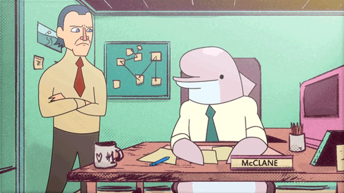 a cartoon of a whale in an office setting