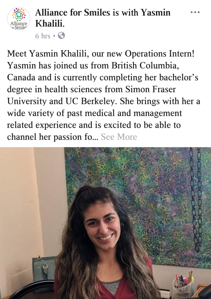a screenshot of the author's internship introduction post by Alliance for Smiles