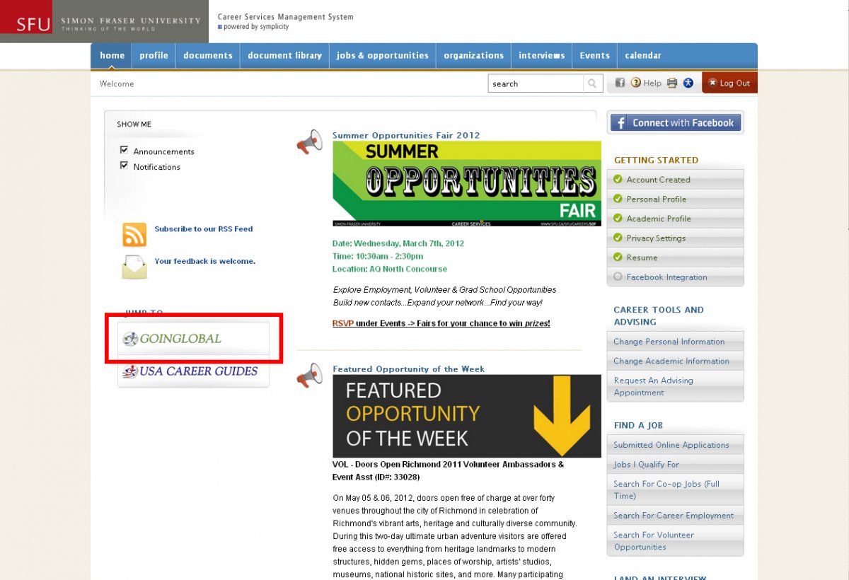 A screenshot of SFU website pointing to a feature called 'going global'