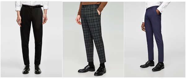 From left to right: A person wearing slim black pants, person wearing plaid pants, person wearing navy pants