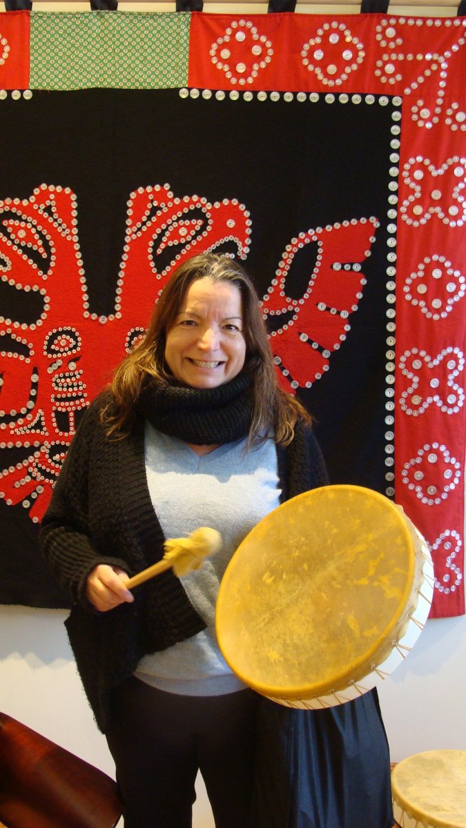 Karen with a drum