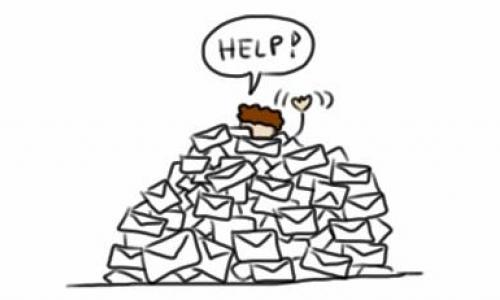 Doodle of a head of a person drowning in a pile of unopened enveloped. He is screaming for help which is written in a dialogue box above his head and has an arm stretched upwards.