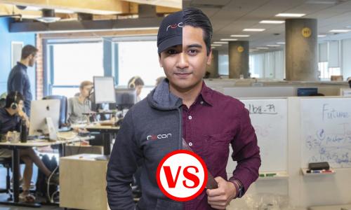 A split image of the author in start-up versus corporation attire 