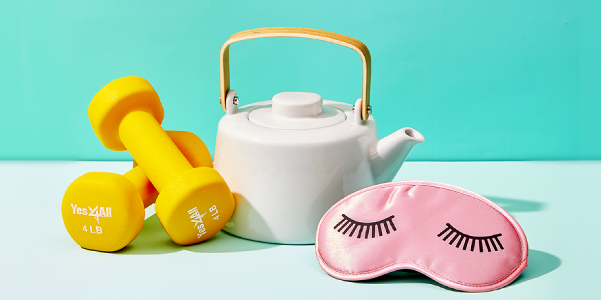 Dumbells, a tea kettle, eye mask