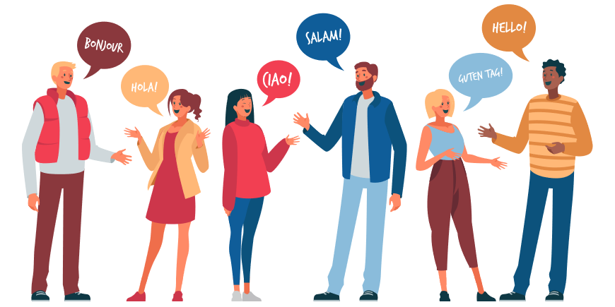 Illustration of 6 people talking in different languages