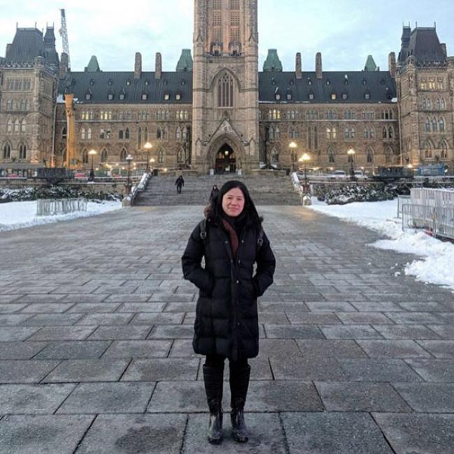 Lydia Tang at the Federal Parliament Buildings in Ottawa
