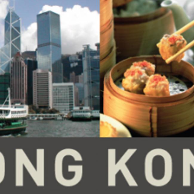a Hong Kong banner depicting the island and food