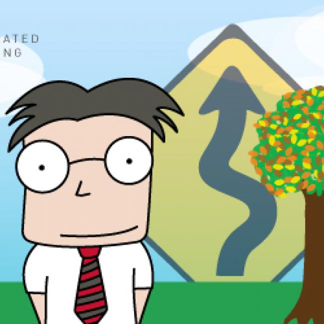 animated man smiling in front of trees and road sign
