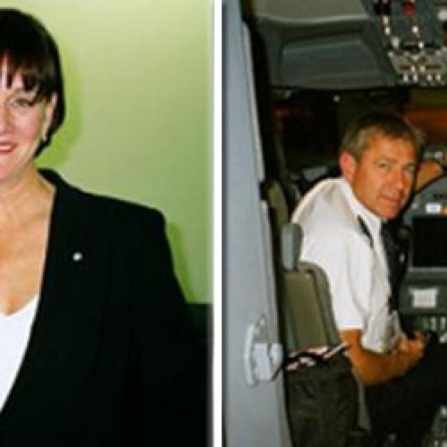 Left Image: Robin with ex-Sony Music President, Right Image: Robin with two pilots in the cockpit 