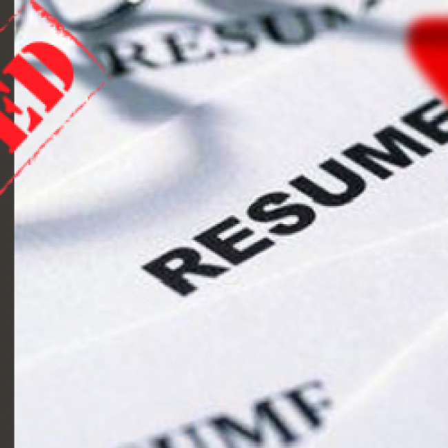 Image reads, "Rejected" in red block letters, with a large X over the word "resume"