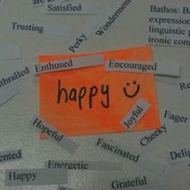 Sticky note with the word happy