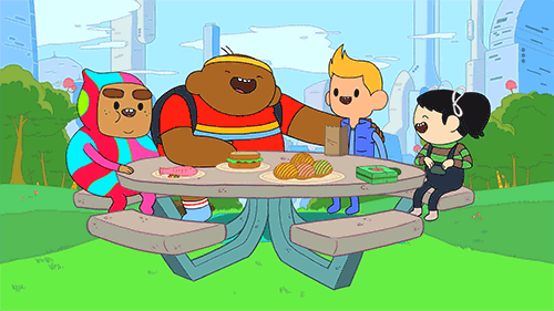 cartoon of friends eating lunch together