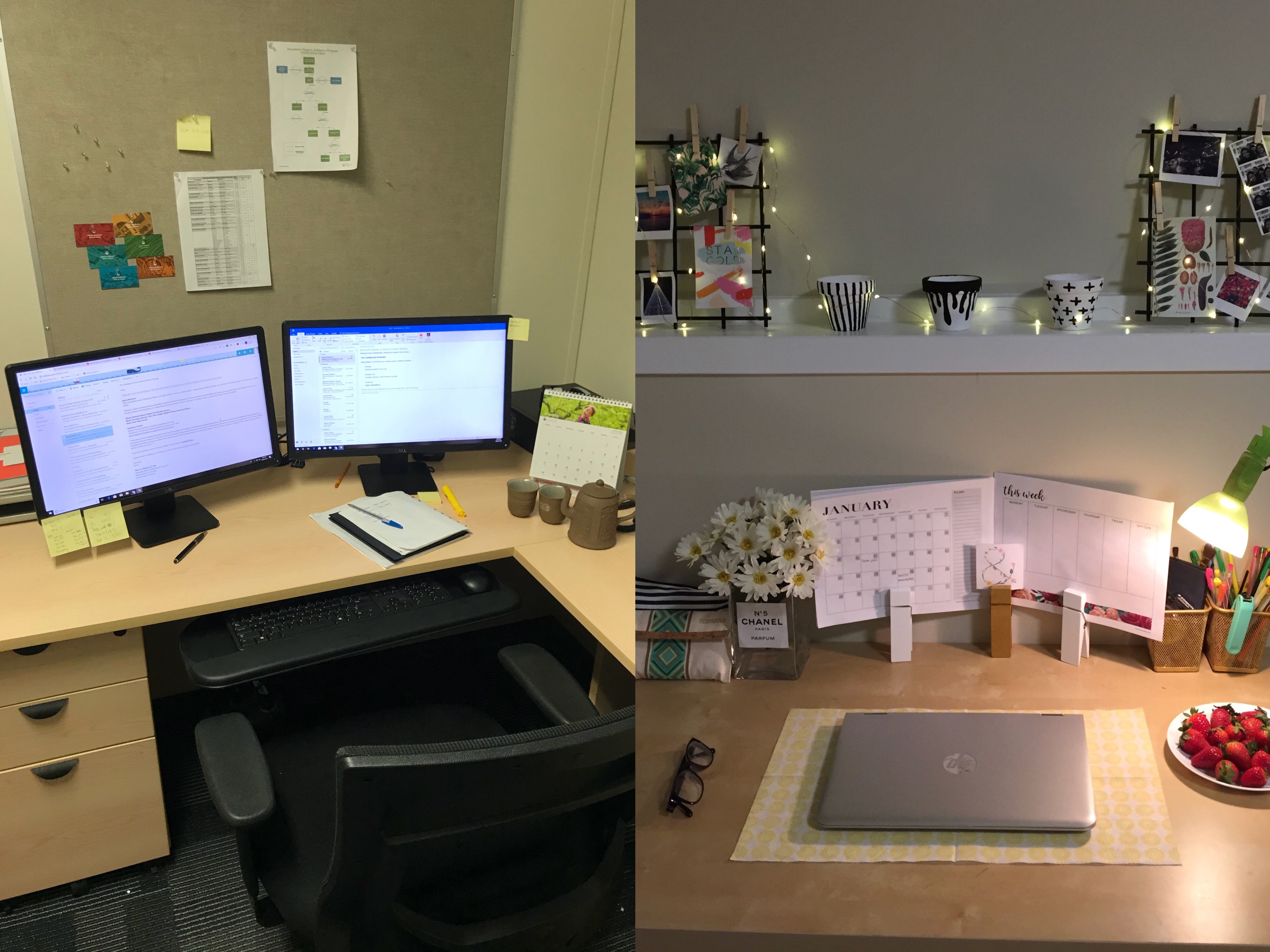 A side-by-side comparison of Linh's workspace at the office vs. her workspace at home. Her office work space has two monitors and other desktop stationary; while her home work space has one laptop on the computer and other small decorations such as fairy lights and flowers