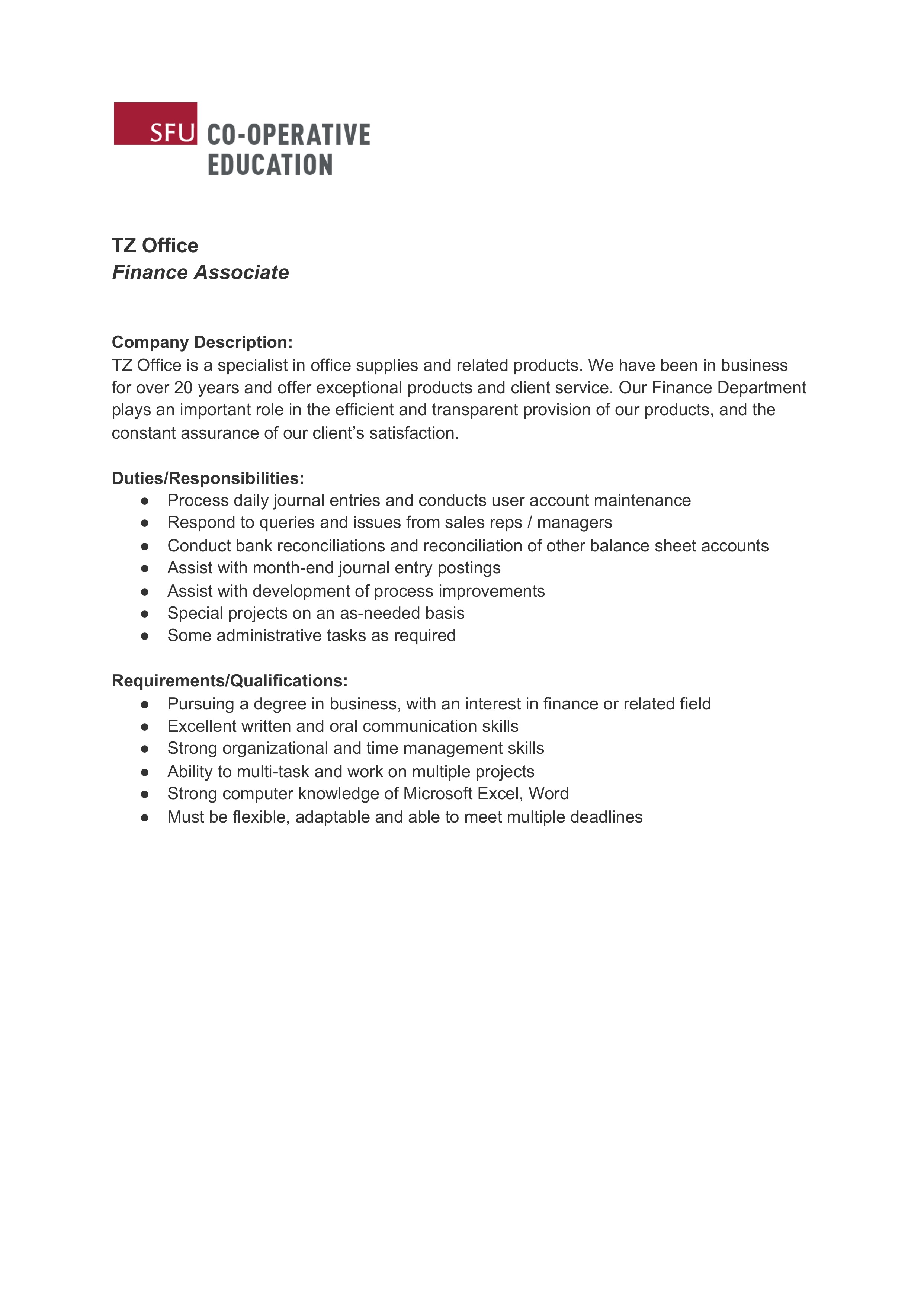 Finance associate job description