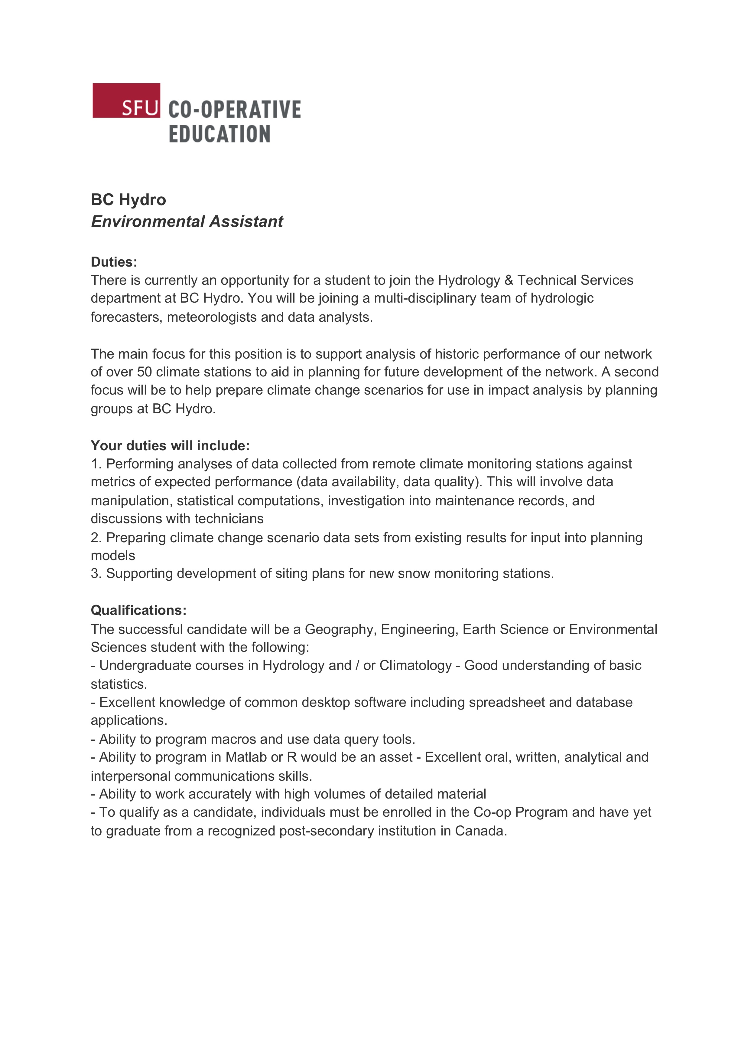 BC Hydro Job Description