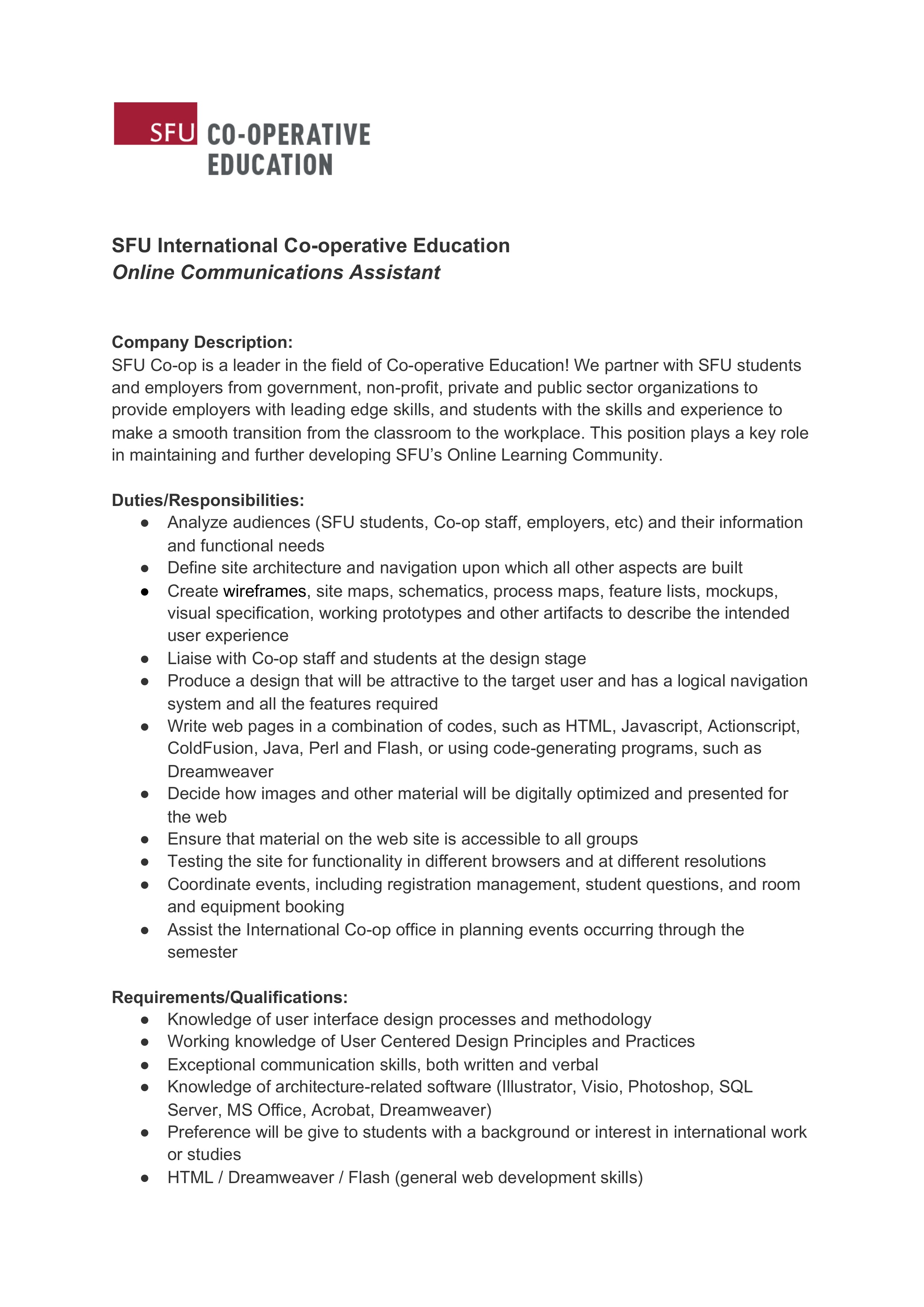 Online Communications Assistant job description (Page 1)