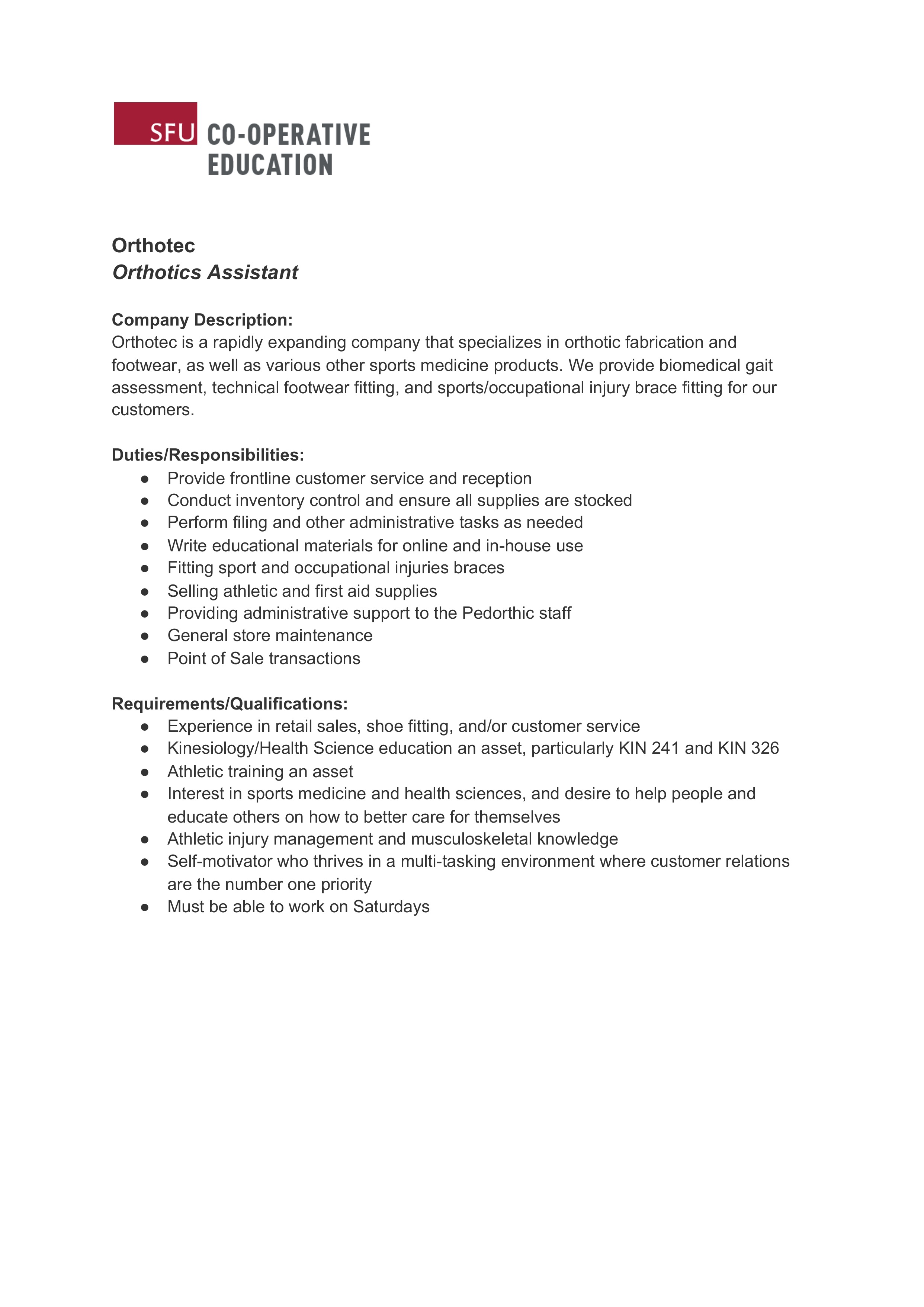 Orthotics Assistant Job Description