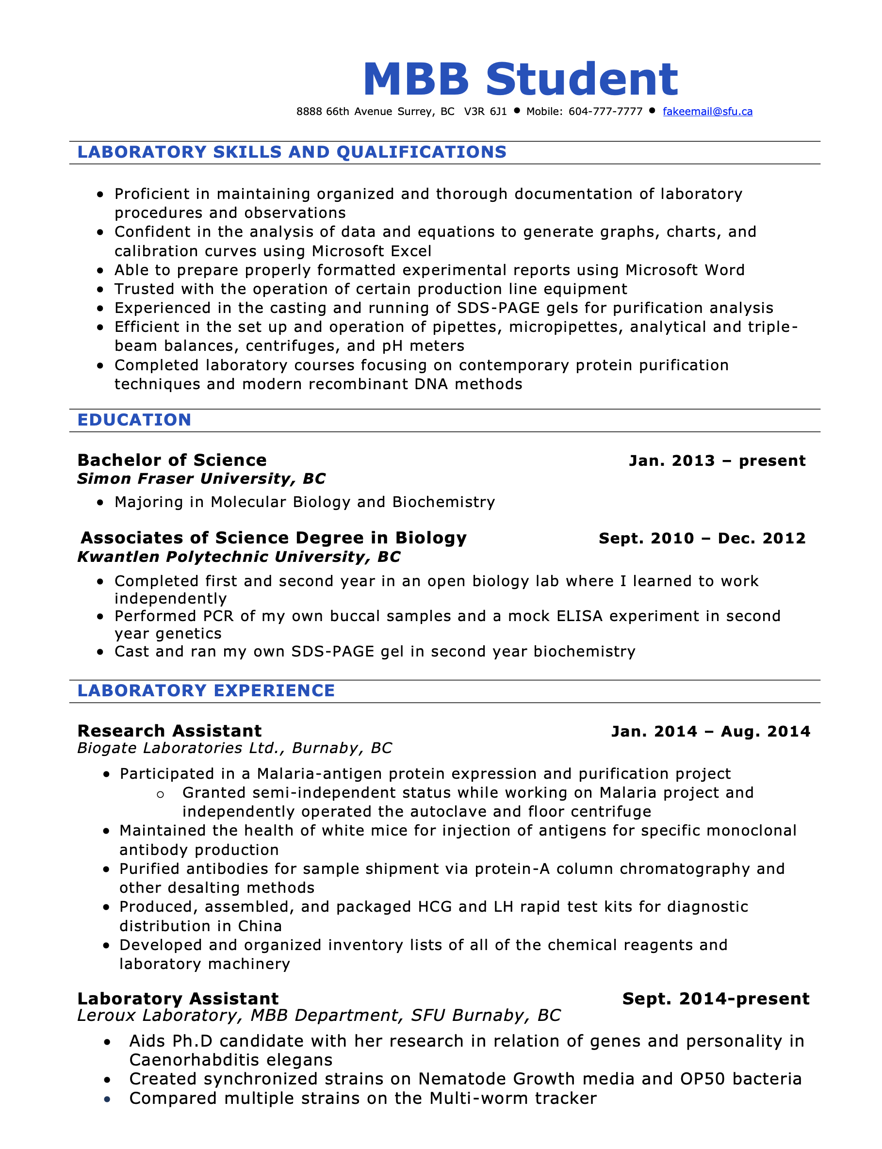 entry level biology resume examples
