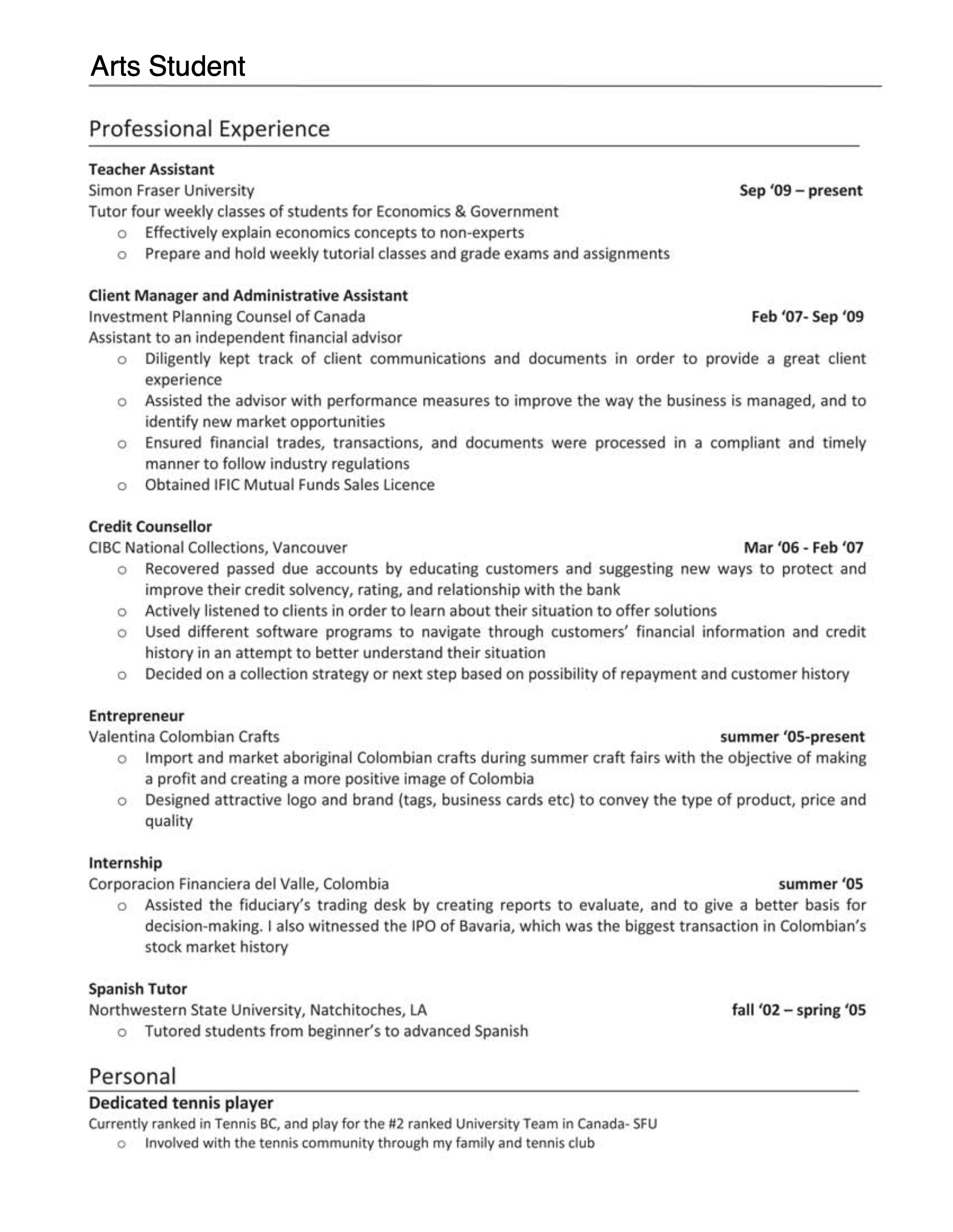 Arts Resume Sample page 2