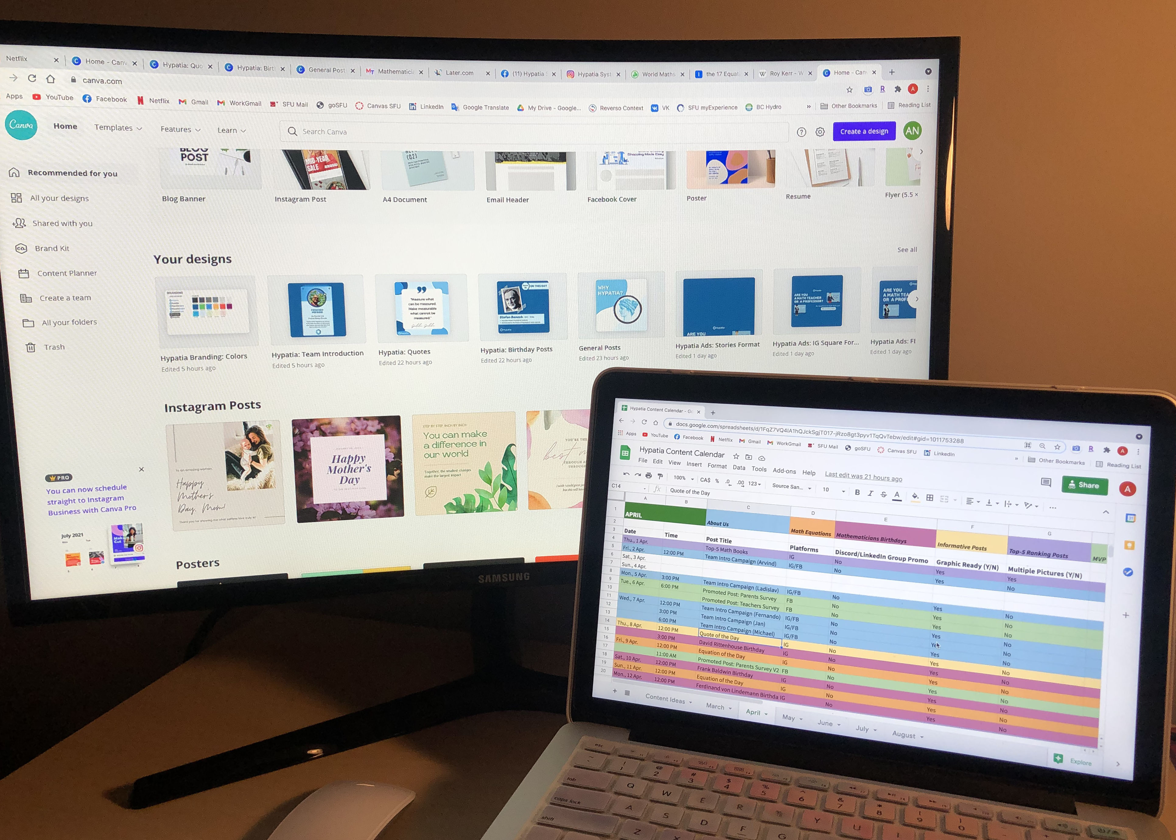 Laptop and desktop showing various images and charts